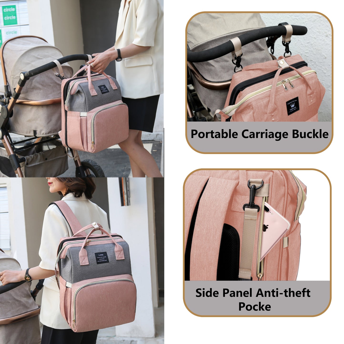 Lamroro Moire Diaper Bag Backpack, Soft Shell, Multifunctional, Large Capacity, Travel Backpack with Changing Station, Sunshade, Breathable Mosquito Net, Zipper Closure, Mixed Color, Polyester Fiber, with Utility Pocket, for