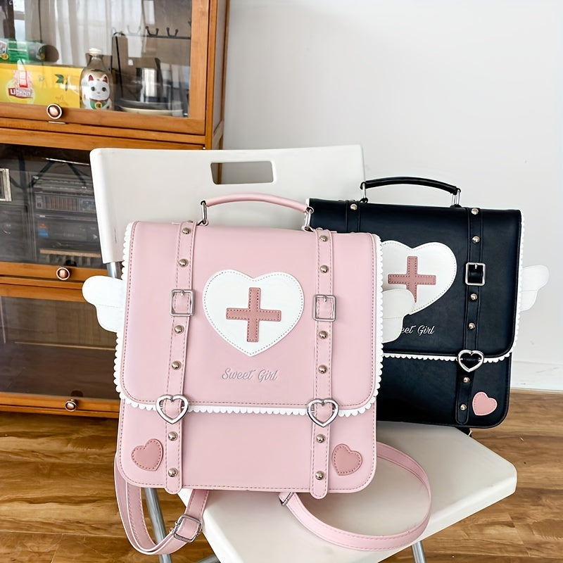 Adorable Kawaii Womens Backpack - Fashion-Forward Flap with Buckles & Rivets Decor - Versatile School or Casual Handbag