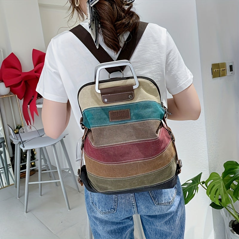Fashionable Striped Canvas Backpack - Versatile Women's Daypack with Secure Zip Closure & Comfy Shoulder Straps