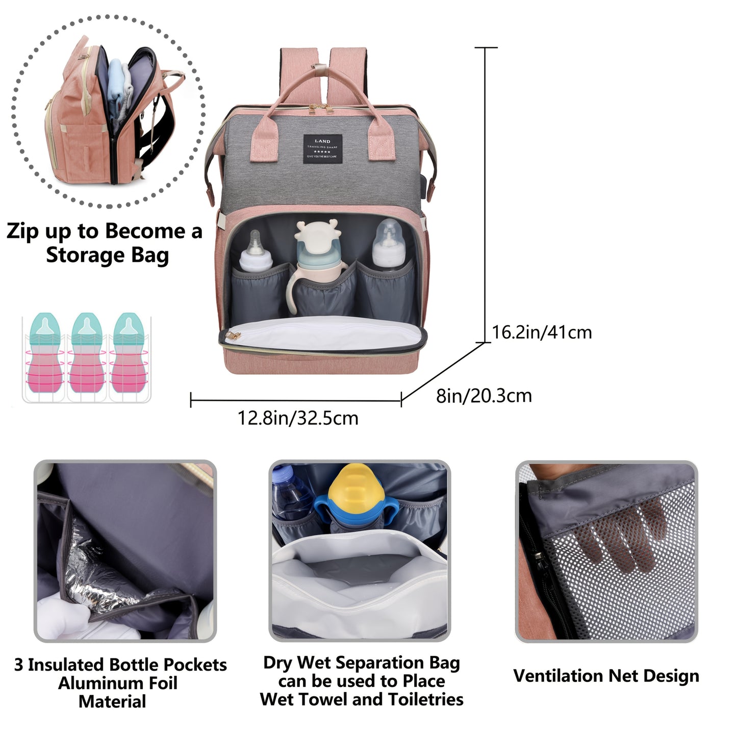 Lamroro Moire Diaper Bag Backpack, Soft Shell, Multifunctional, Large Capacity, Travel Backpack with Changing Station, Sunshade, Breathable Mosquito Net, Zipper Closure, Mixed Color, Polyester Fiber, with Utility Pocket, for