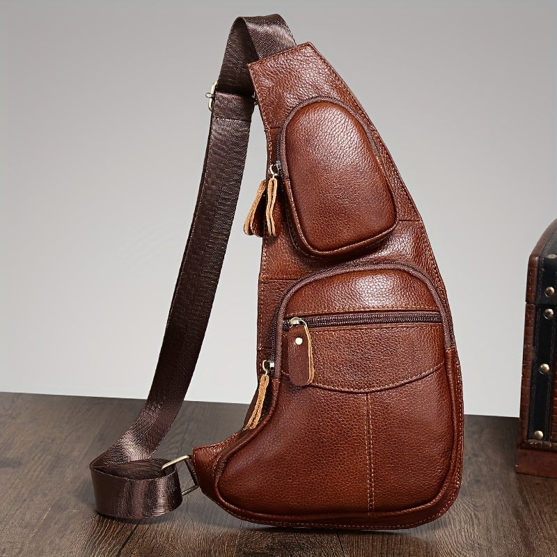 Men's & Women's Genuine Leather Sling Bag - Lightweight Crossbody Messenger Backpack with Shoulder/ Chest Pack, Tactical Daypack for Outdoor Travel Hiking, Solid Color Casual Use - Hand Washable Durable Leather Bag
