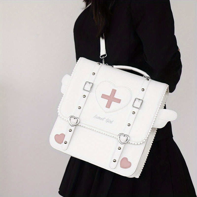 Adorable Kawaii Womens Backpack - Fashion-Forward Flap with Buckles & Rivets Decor - Versatile School or Casual Handbag