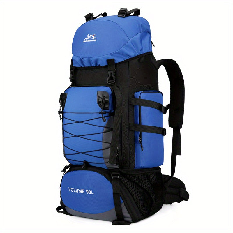 90L High-Capacity Travel Backpack - Durable Polyester, Blue with Black Accents, Plaid Pattern, Adjustable Chest Strap, Multiple Pockets for Outdoor Adventures, Camping & Hiking, Backpack for Travel