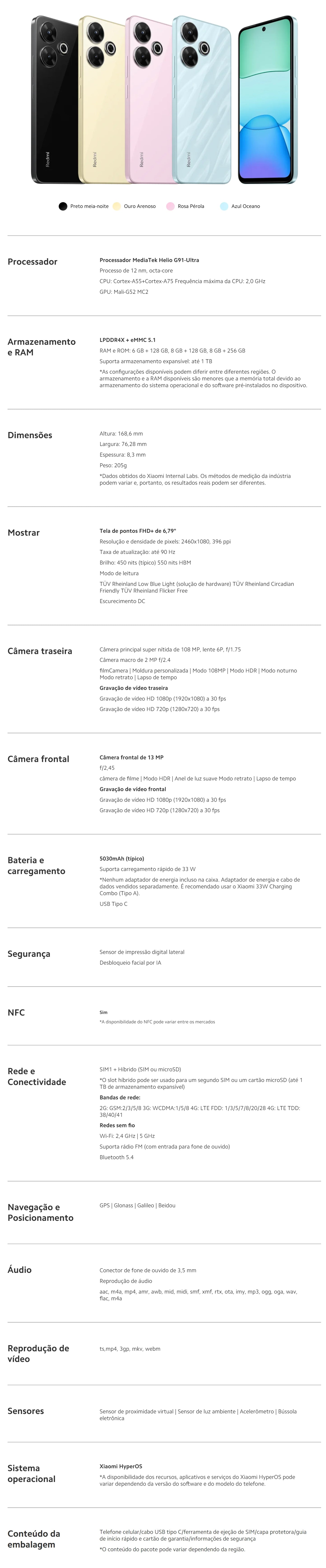 Celular Xiaomi Redmi 13 4G | Câmera 108MP , Processador Mediatek Dimensity 6080 (6 nm), Bateria 5000mah, Carregamento 33W