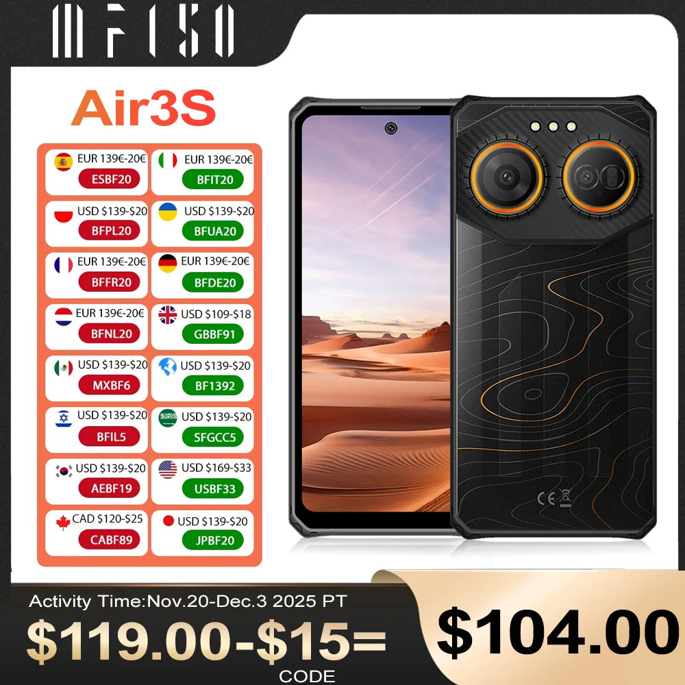 IIIF150 Air3S Rugged Smartphone Phone 6.6" 16GB(4+12) 128GB 16MP Camera Telephone Portable 5500mAh Android 14 NFC Call Phone