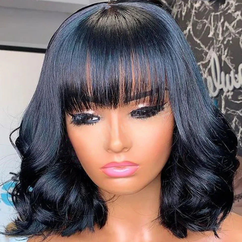 Short Bob Wig Loose Body Wave Wig With Bangs Brazilian Remy 100% Human Hair Wigs For Women Full Machine Glueless Wavy Bob Wigs