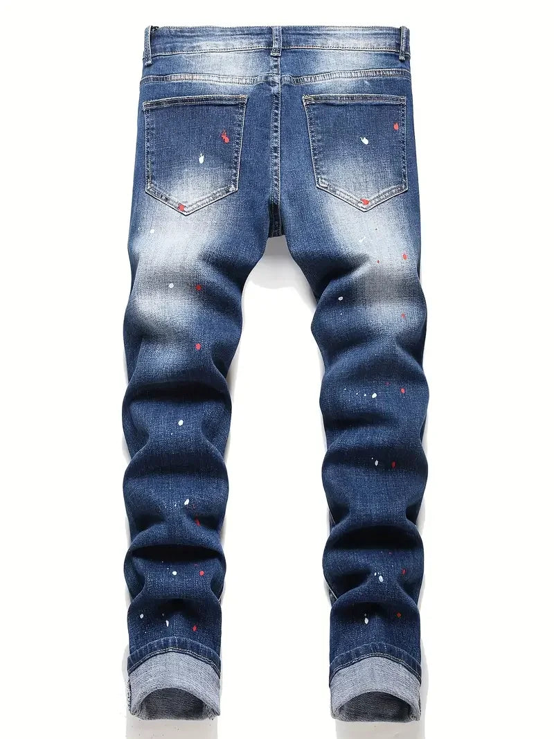 Men y2k Stretchy Denim jeans Ripped Skinny Letter Print elastic waist Casual pants for men Hole Slim Fit Denim Hip Hop Trousers