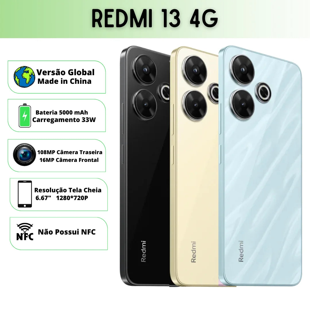 Celular Xiaomi Redmi 13 4G | Câmera 108MP , Processador Mediatek Dimensity 6080 (6 nm), Bateria 5000mah, Carregamento 33W