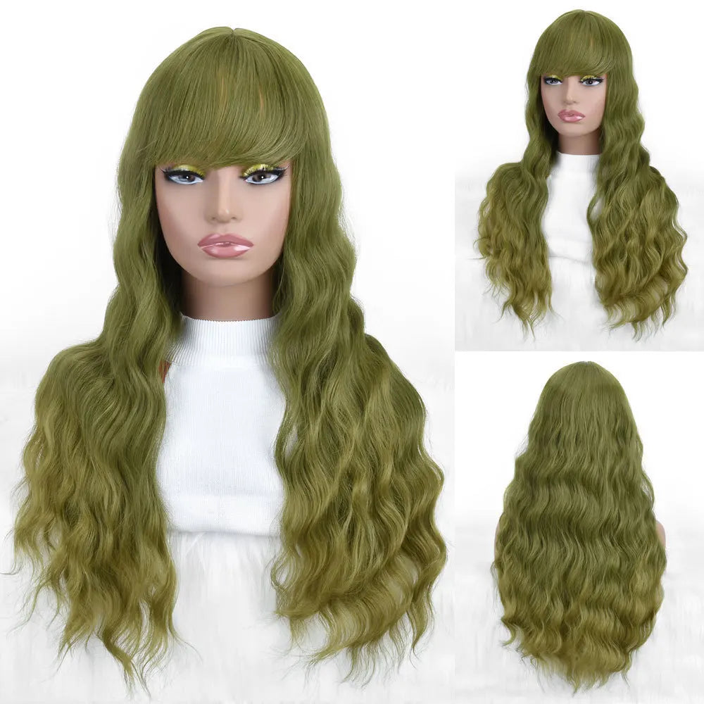 Wholesale Machine Made 28 Inch Long Natural Wave High Temperature Synthetic Hair Wigs 150% Density Unique Color Bangs Wig