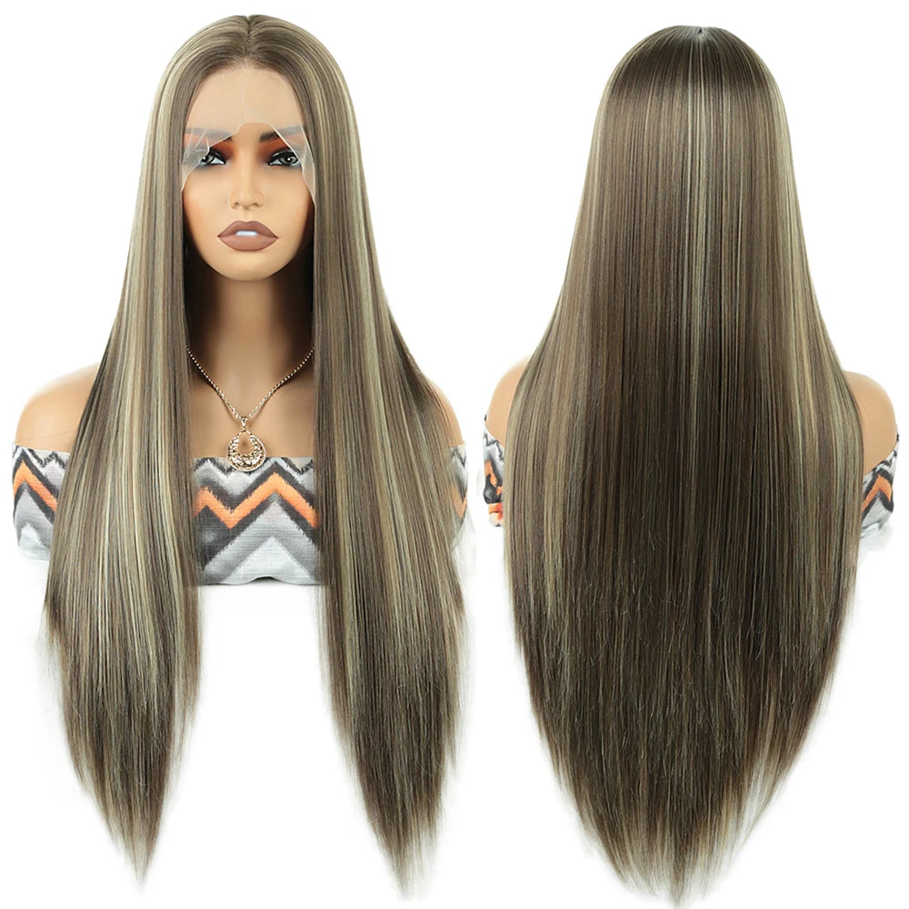 Wholesale High Temperature Fiber 30 Inches Long Straight Lace Wigs for Women Chocolate Brown Synthetic Lace Front Wigs