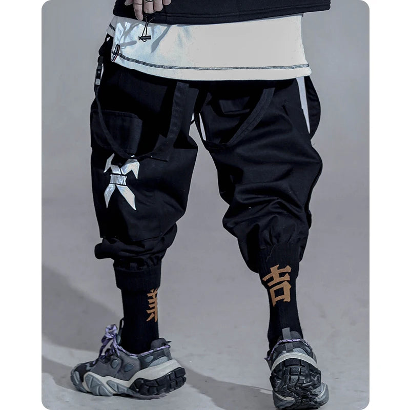 Men's clothes Multi war zone functional wind legged pants large pocket casual Ribbon Harajuku fashion Overalls Street dress