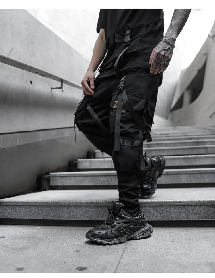 2021 Mens casual ribbons techwear cargo pants with many pockets man harajuku vintage punk harem pants hip hop trousers