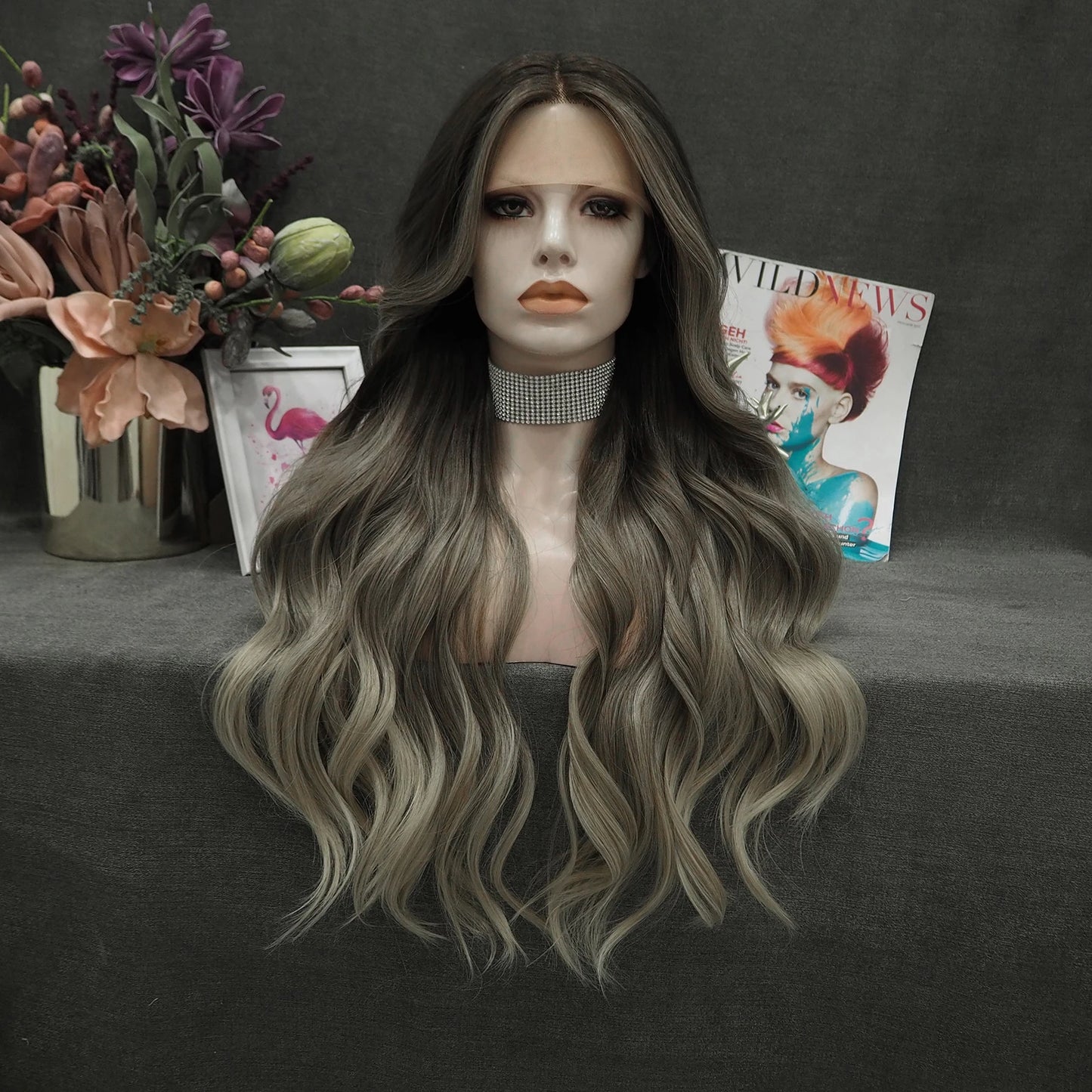 Ombre Ash Blond Premium Synthetic Wigs Wholesale Not Shiny Matte Luxury Heat Resistant Synthetic Lace Front Wig for Women