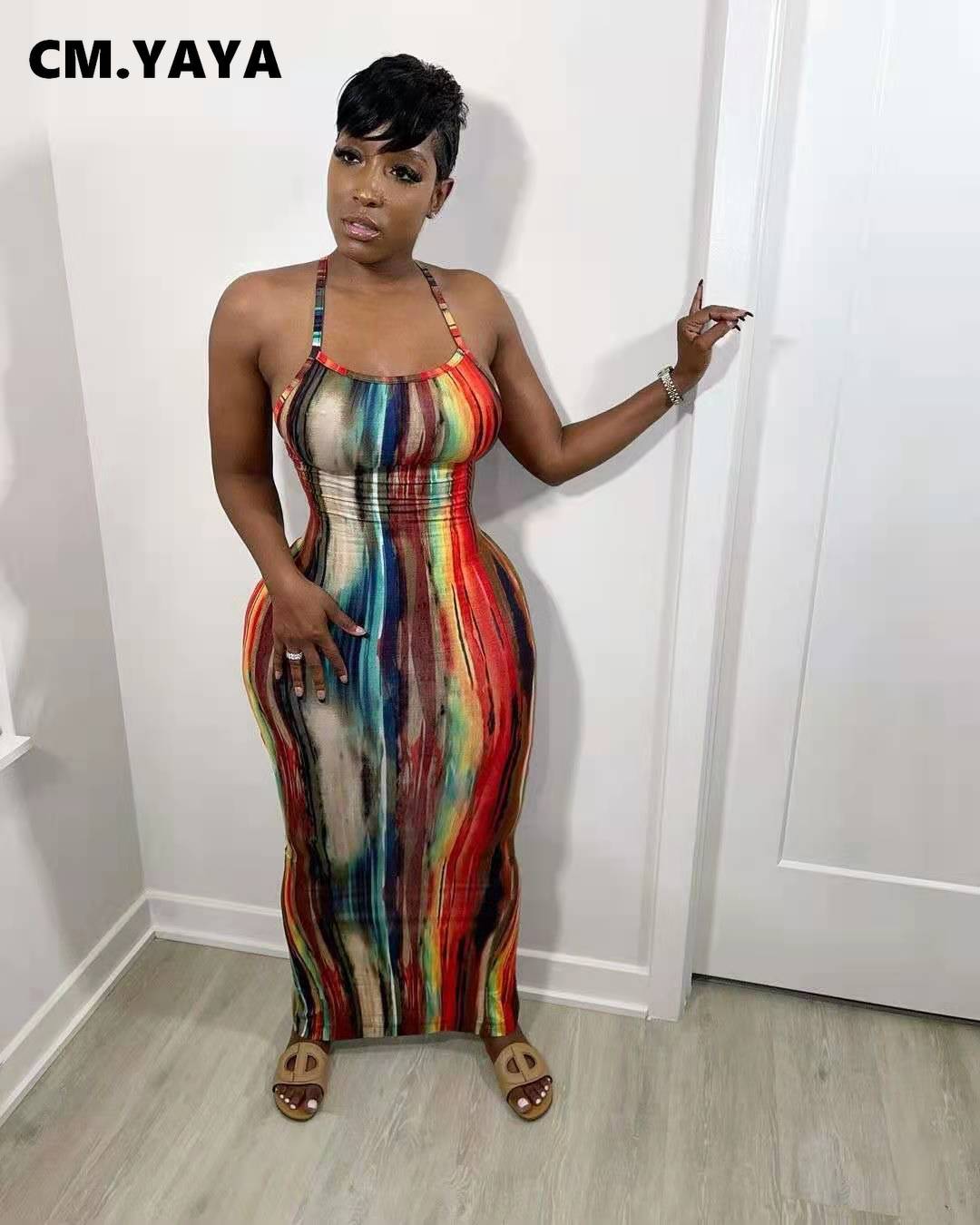 CM.YAYA Tie Dye Print Halter Open Back Maxi Dress Women Bodycon Sleeveless Splited Back Pencil Midi Long Dresses Summer 2021
