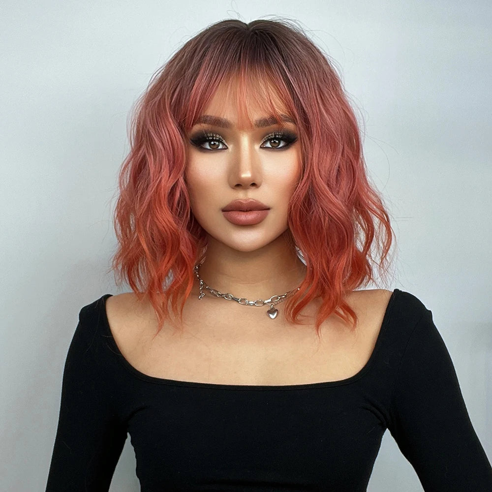 Ainizi Short Wave Daily Female Wigs Heat Resistant Ombre Brown Mixed Platinum High Density Machine Made Synthetic Wig with Bangs