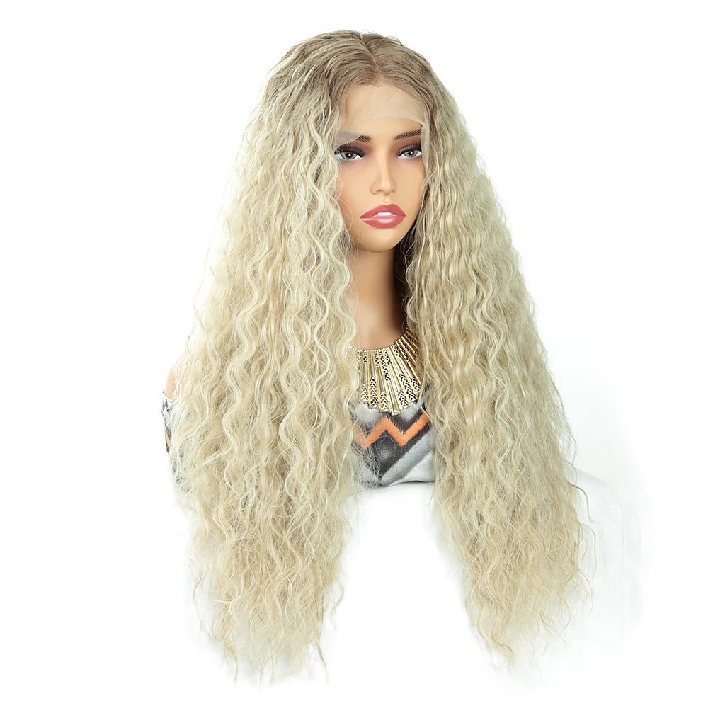 Wholesale High Temperature Fiber 28 Inches Long Curly Lace Wigs for Women Ombre Blonde Ginger Synthetic Lace Front Wigs