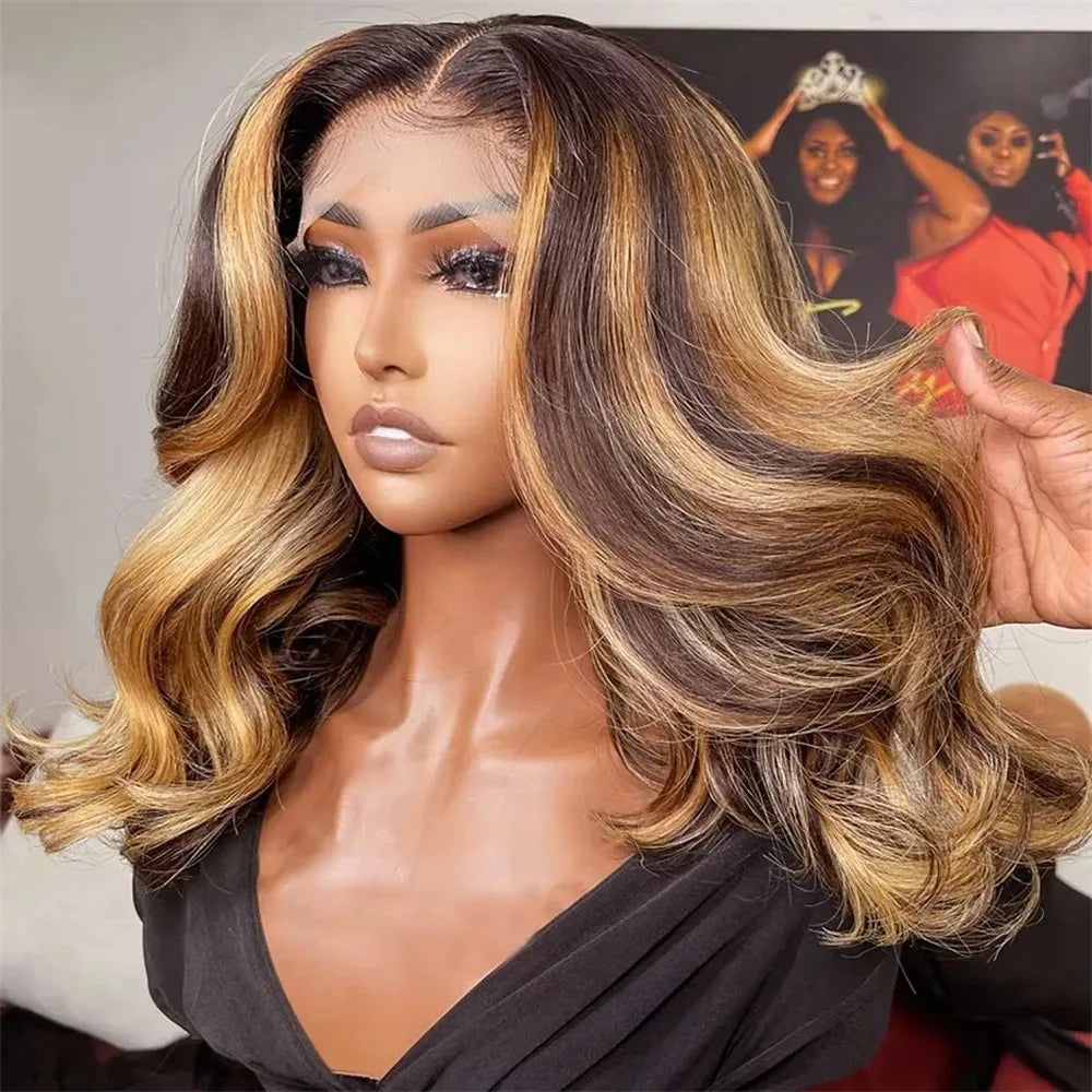 13*4 Transparent Lace Front Wig Brown Mix Blonde High Temperature Fiber Colorful Gradient Short Synthetic Hair Wig FX-HA104