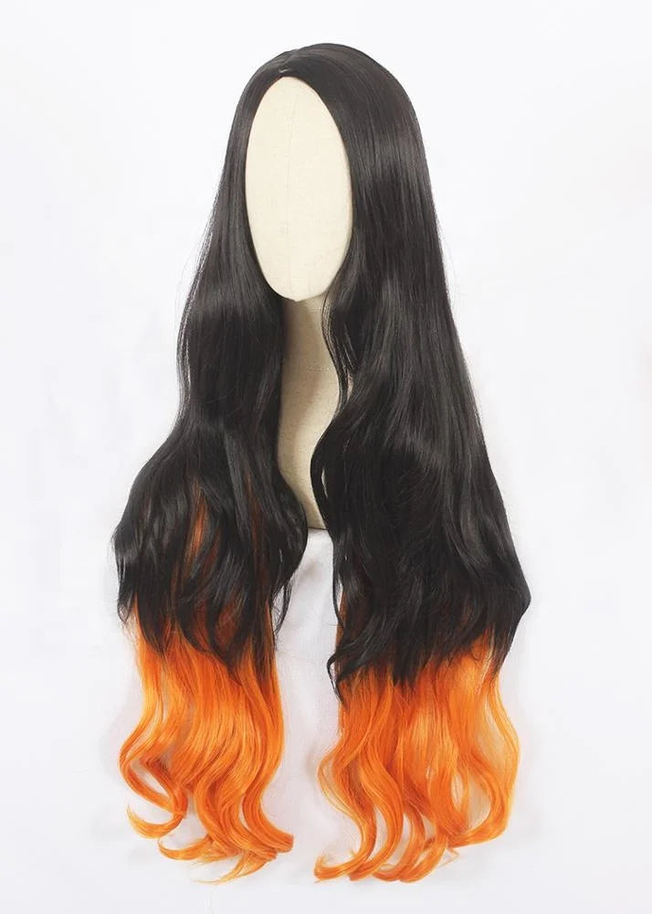 Wholesale 100cm Long Curly Black&Orange Mixed Demon Slayer Kamado Nezuko Wig Synthetic Anime Cosplay Wigs