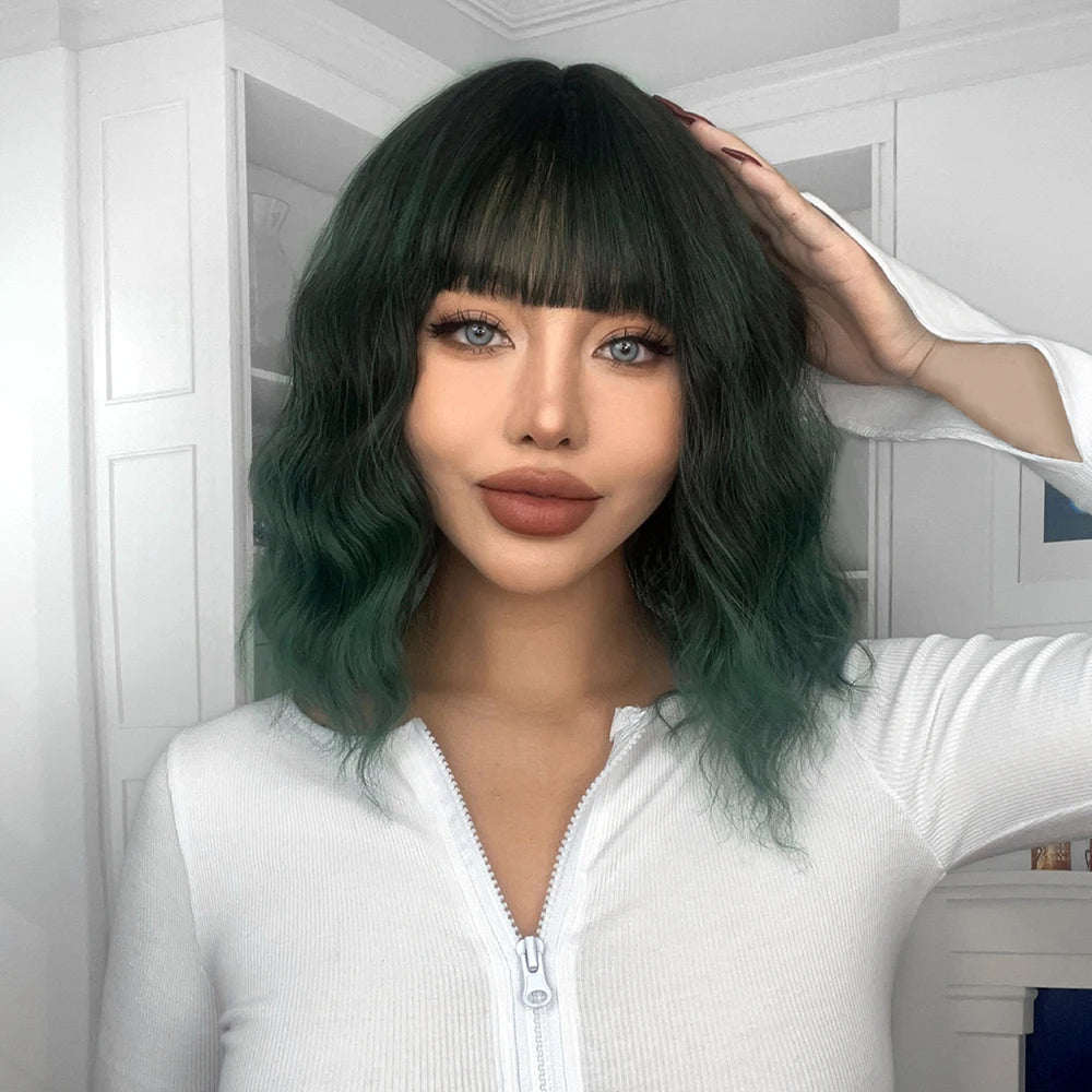 Ainizi Short Wave Daily Female Wigs Heat Resistant Ombre Brown Mixed Platinum High Density Machine Made Synthetic Wig with Bangs