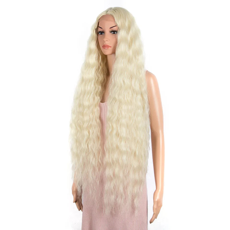 Synthetic Wigs Cosplay Loose Wave Hair Lace Front Wigs For Women Ombre Brown Water Wave 42 Inch Curly Hair Heat Resistant Wig