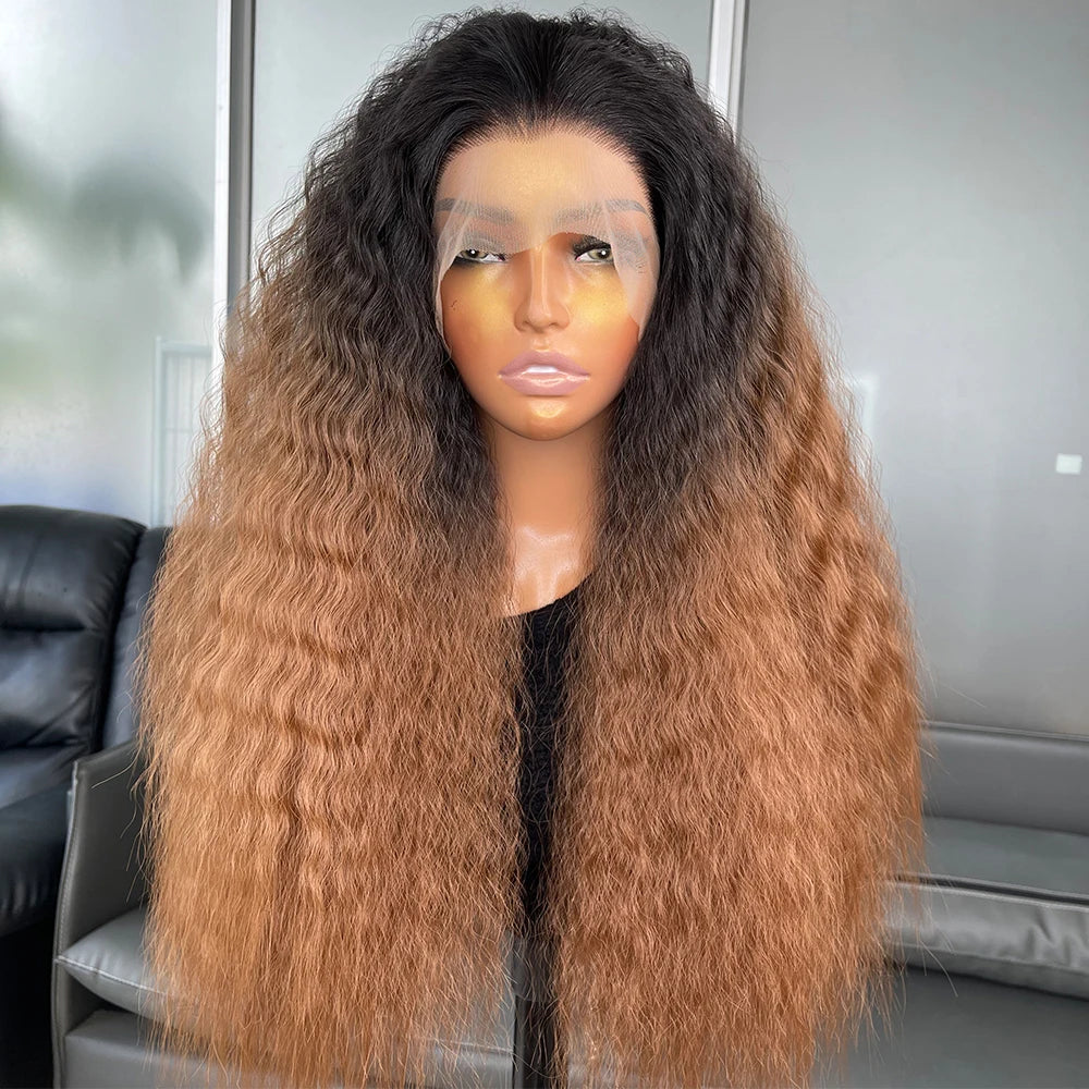 Long Ombre Brown Color Kinky Straight 13X6 Synthetic Lace Front Wigs for Black Women Futura Fiber Hair Heat Resistant Hair Wigs