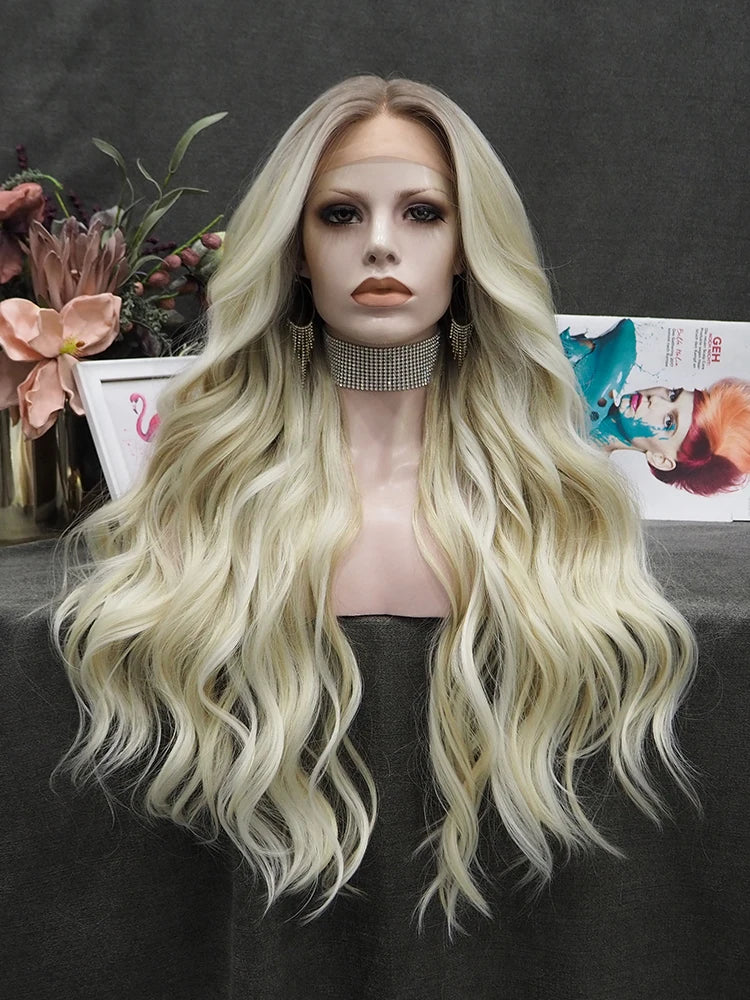 Ombre Ash Blond Premium Synthetic Wigs Wholesale Not Shiny Matte Luxury Heat Resistant Synthetic Lace Front Wig for Women