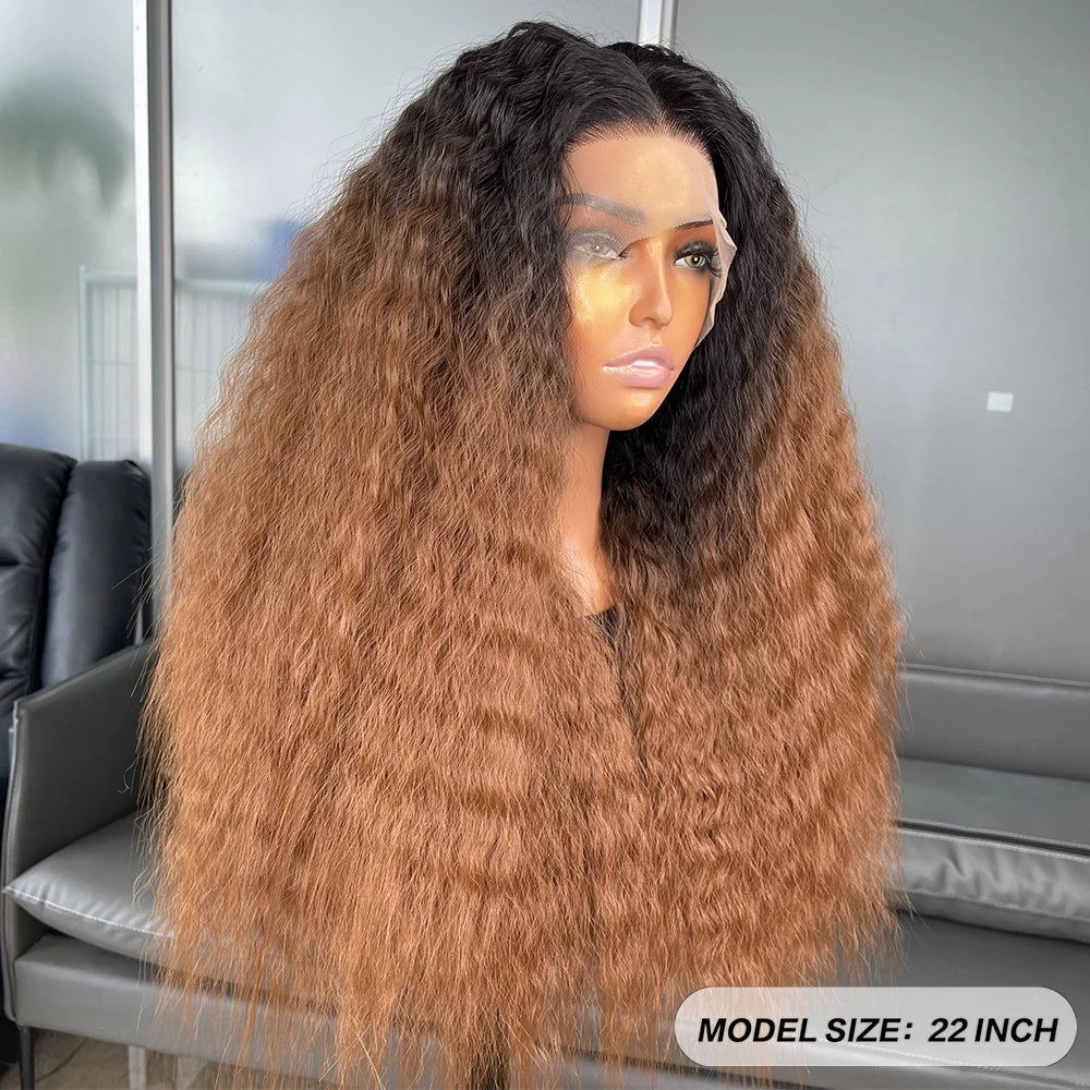 Long Ombre Brown Color Kinky Straight 13X6 Synthetic Lace Front Wigs for Black Women Futura Fiber Hair Heat Resistant Hair Wigs