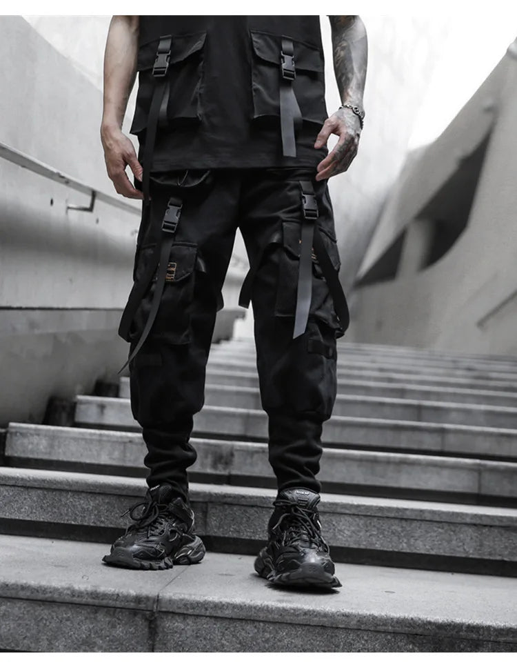 2021 Mens casual ribbons techwear cargo pants with many pockets man harajuku vintage punk harem pants hip hop trousers