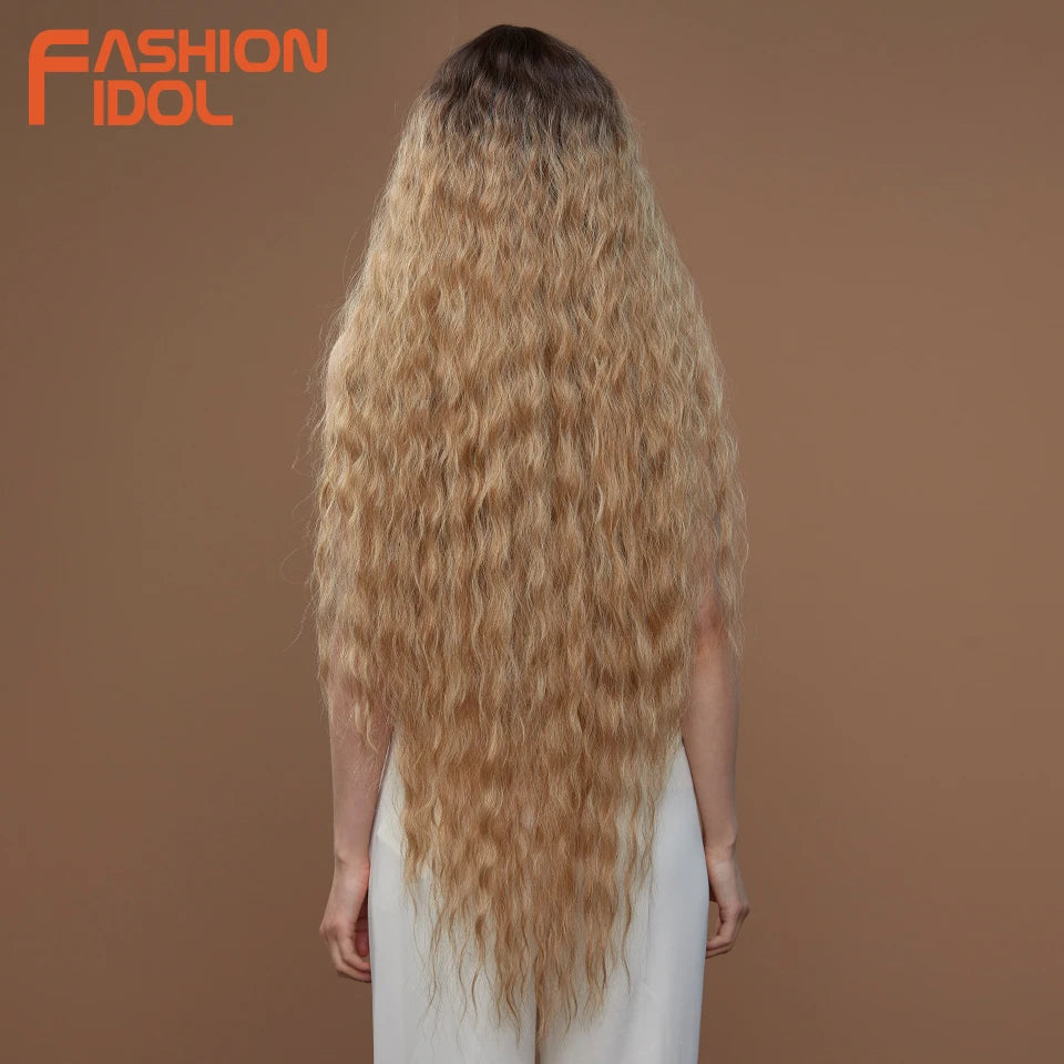 Synthetic Wigs Cosplay Loose Wave Hair Lace Front Wigs For Women Ombre Brown Water Wave 42 Inch Curly Hair Heat Resistant Wig