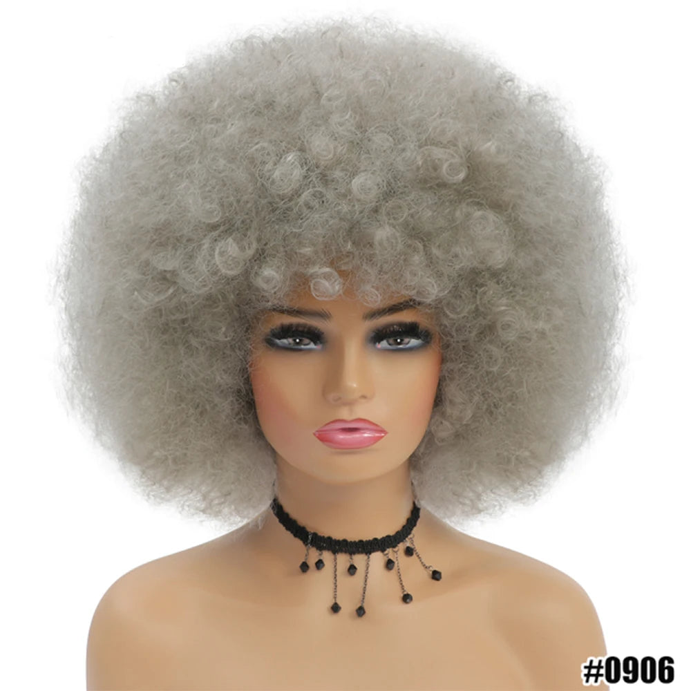 Short Hair Afro Kinky Curly Wigs With Bangs for Black Women African Synthetic Ombre Glueless Cosplay Natural Blonde Red Blue Wig
