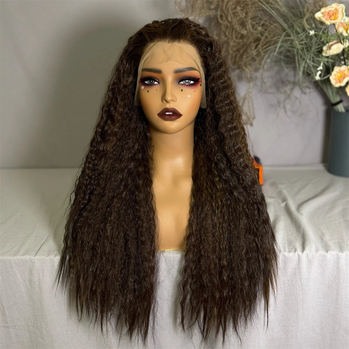 Hot Selling Pre Plucked Hairline 613# Kinky Straight Heat Resistant Glueless Synthetic Lacefront Wig for Black Womens Daily Use