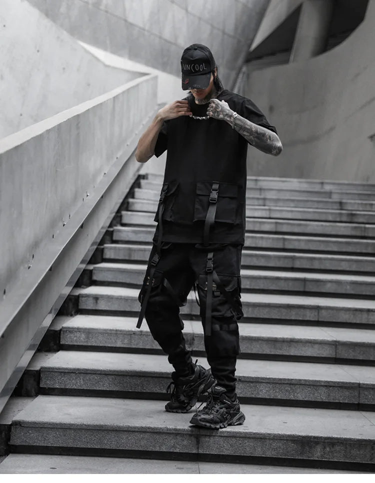 2021 Mens casual ribbons techwear cargo pants with many pockets man harajuku vintage punk harem pants hip hop trousers