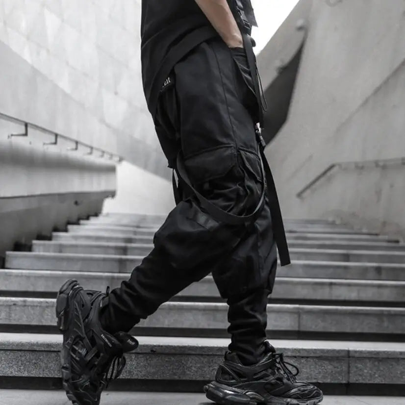 2021 Mens casual ribbons techwear cargo pants with many pockets man harajuku vintage punk harem pants hip hop trousers