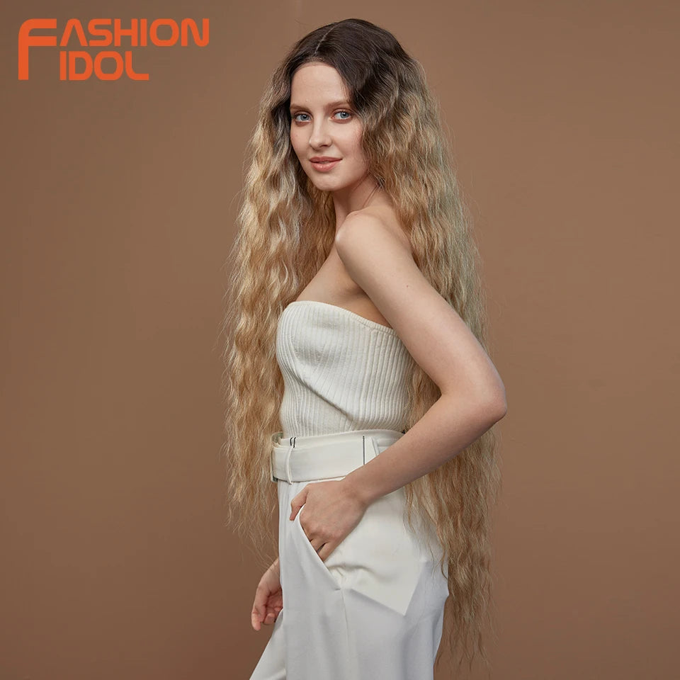 Synthetic Wigs Cosplay Loose Wave Hair Lace Front Wigs For Women Ombre Brown Water Wave 42 Inch Curly Hair Heat Resistant Wig