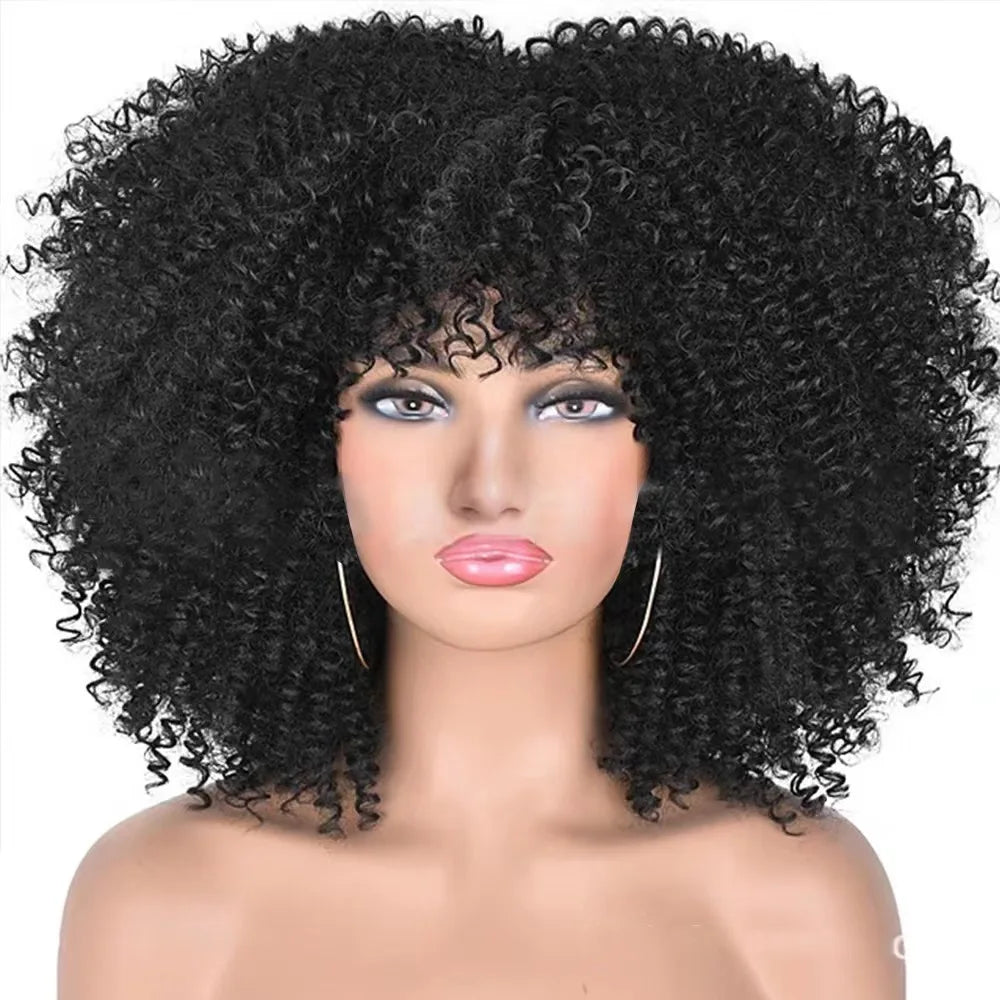 Cheap Price Afro Kinky Curly Bob Wig With Bangs Machine Made Wigs for Black Women Brazilian Curly Synthetic Hair Wigs