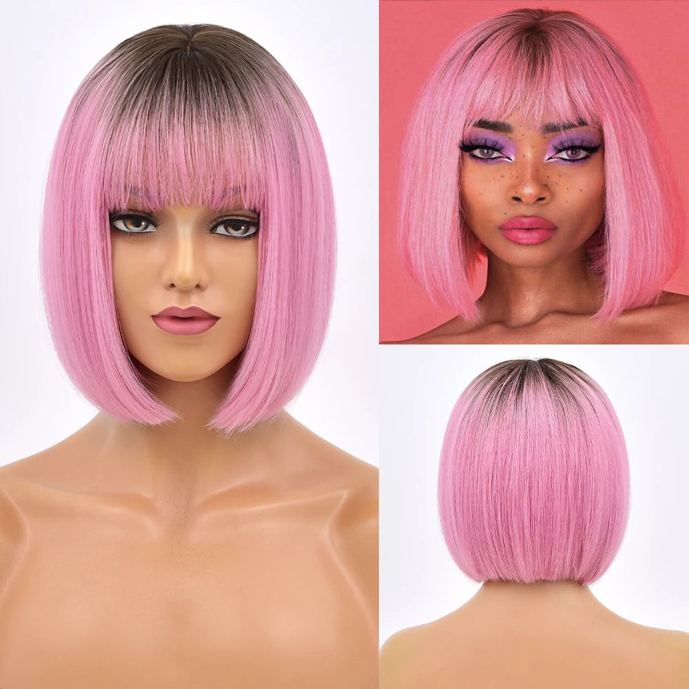 Ainizi 12'' Short bob Black Machine Made Elegant Fashion Synthetic Hair Wigs With Bangs for Women