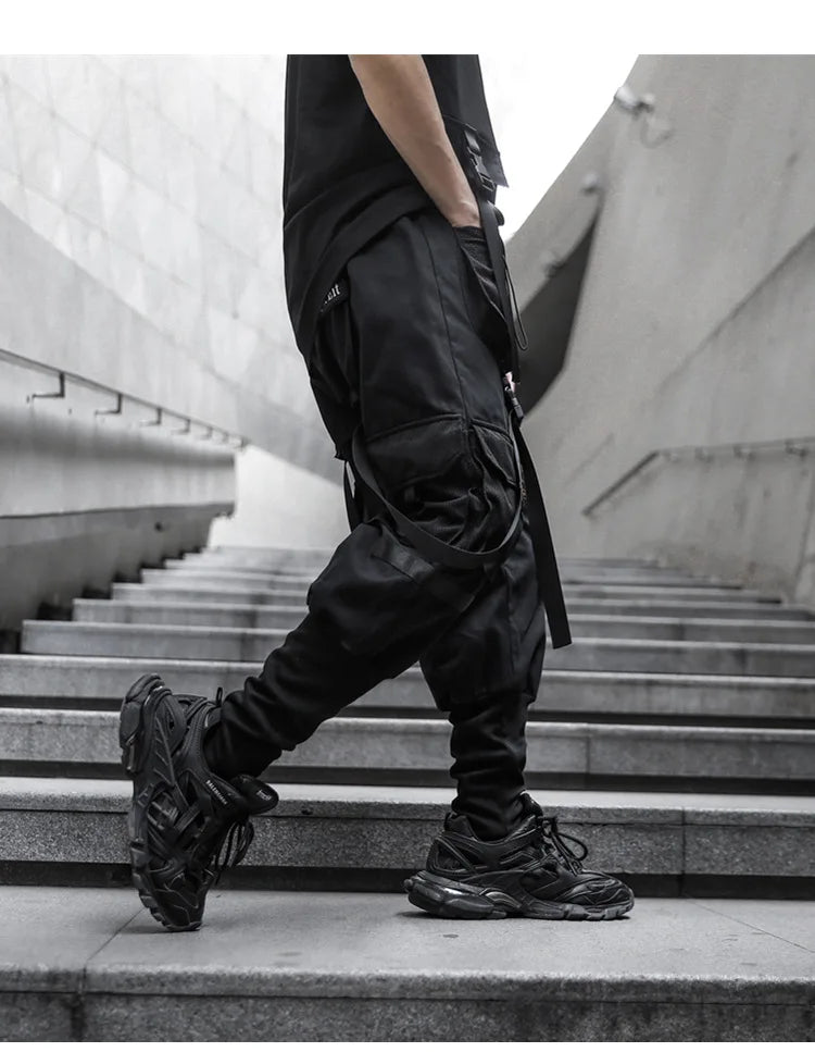 2021 Mens casual ribbons techwear cargo pants with many pockets man harajuku vintage punk harem pants hip hop trousers