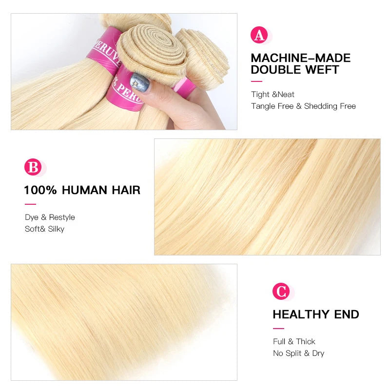 Facebeauty 613 Honey Blonde Peruvian Straight Remy Hair Weave Bundles 1/3/4 Pcs Lot Human Hair Extensions 8 - 40 inch Can Be Dye