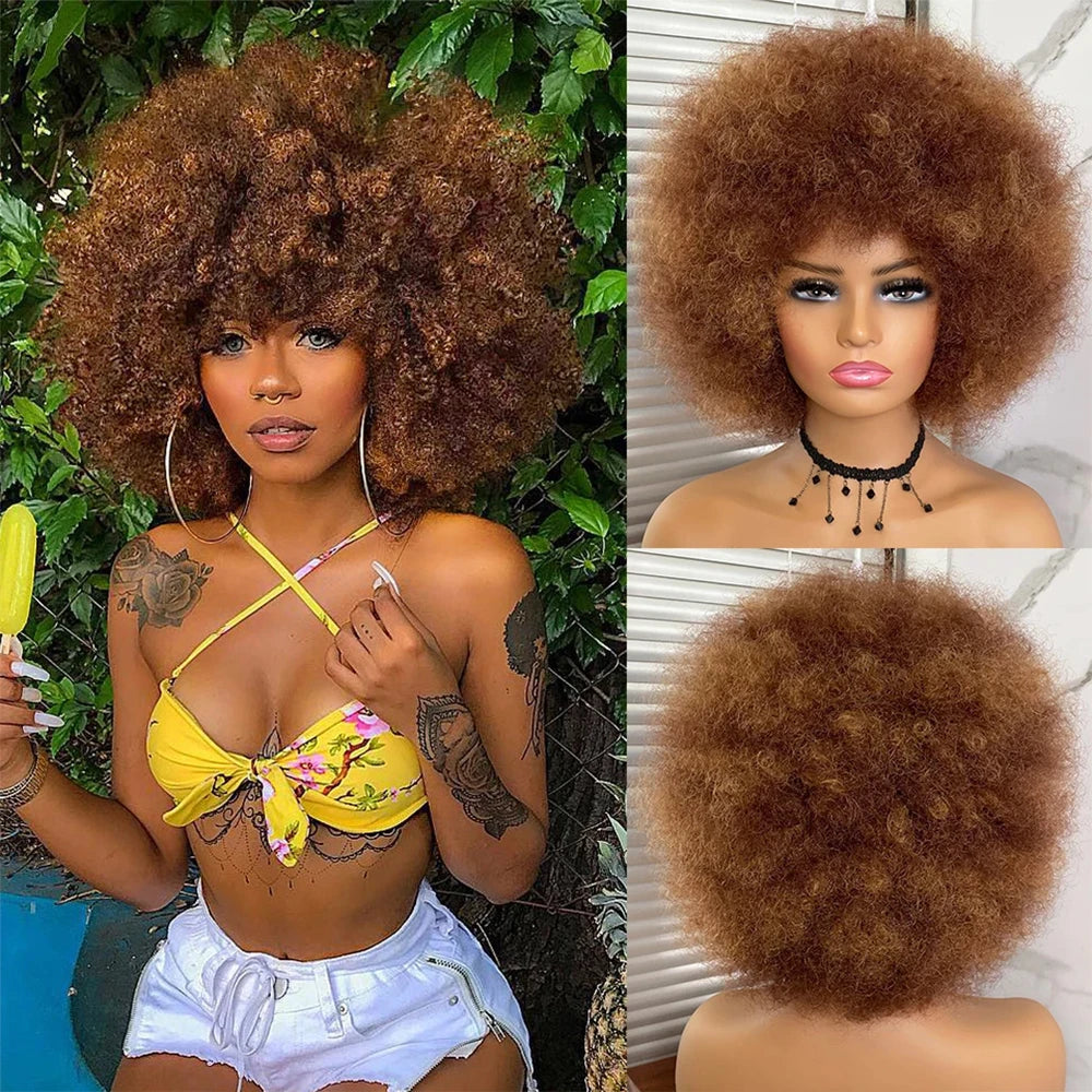 Short Hair Afro Kinky Curly Wigs With Bangs for Black Women African Synthetic Ombre Glueless Cosplay Natural Blonde Red Blue Wig