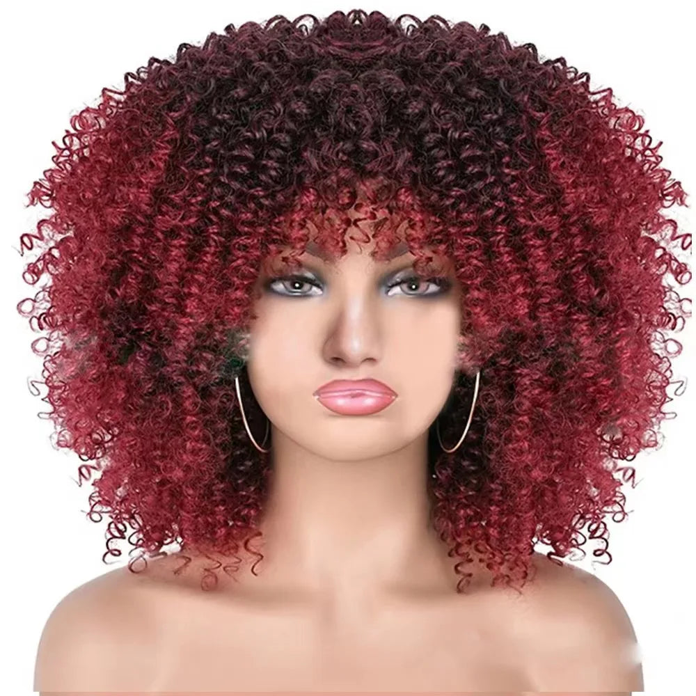 Cheap Price Afro Kinky Curly Bob Wig With Bangs Machine Made Wigs for Black Women Brazilian Curly Synthetic Hair Wigs