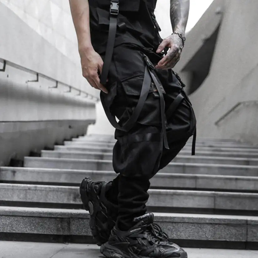 2021 Mens casual ribbons techwear cargo pants with many pockets man harajuku vintage punk harem pants hip hop trousers