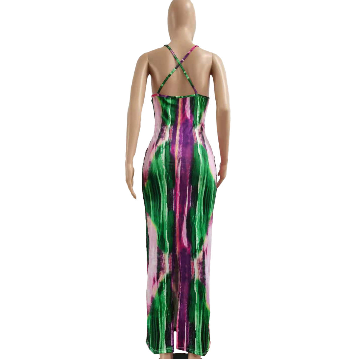 CM.YAYA Tie Dye Print Halter Open Back Maxi Dress Women Bodycon Sleeveless Splited Back Pencil Midi Long Dresses Summer 2021