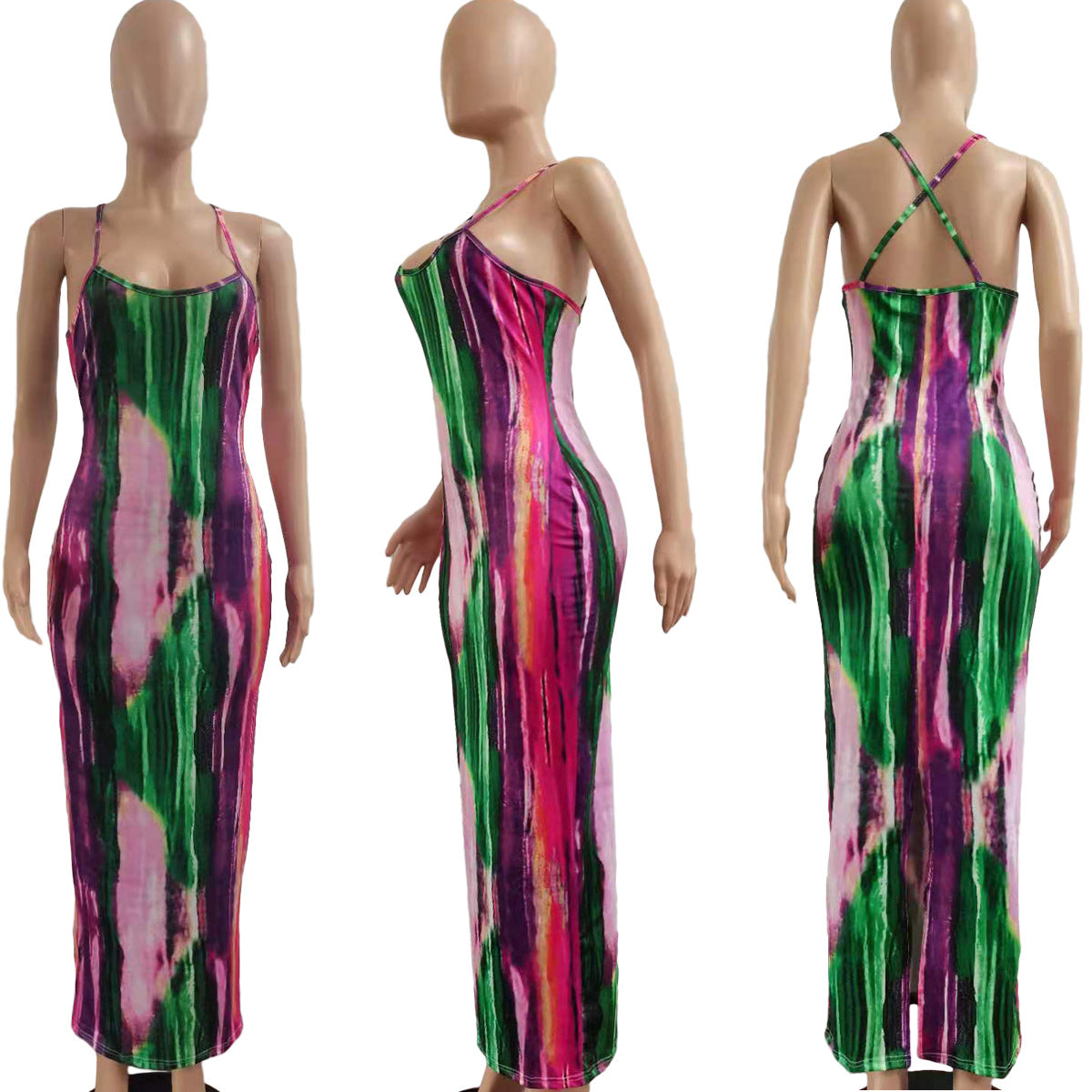 CM.YAYA Tie Dye Print Halter Open Back Maxi Dress Women Bodycon Sleeveless Splited Back Pencil Midi Long Dresses Summer 2021