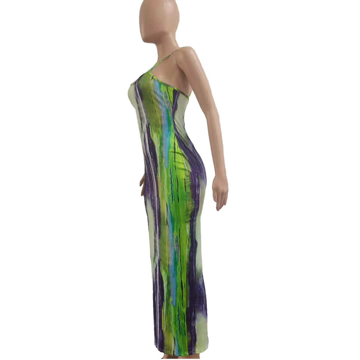CM.YAYA Tie Dye Print Halter Open Back Maxi Dress Women Bodycon Sleeveless Splited Back Pencil Midi Long Dresses Summer 2021