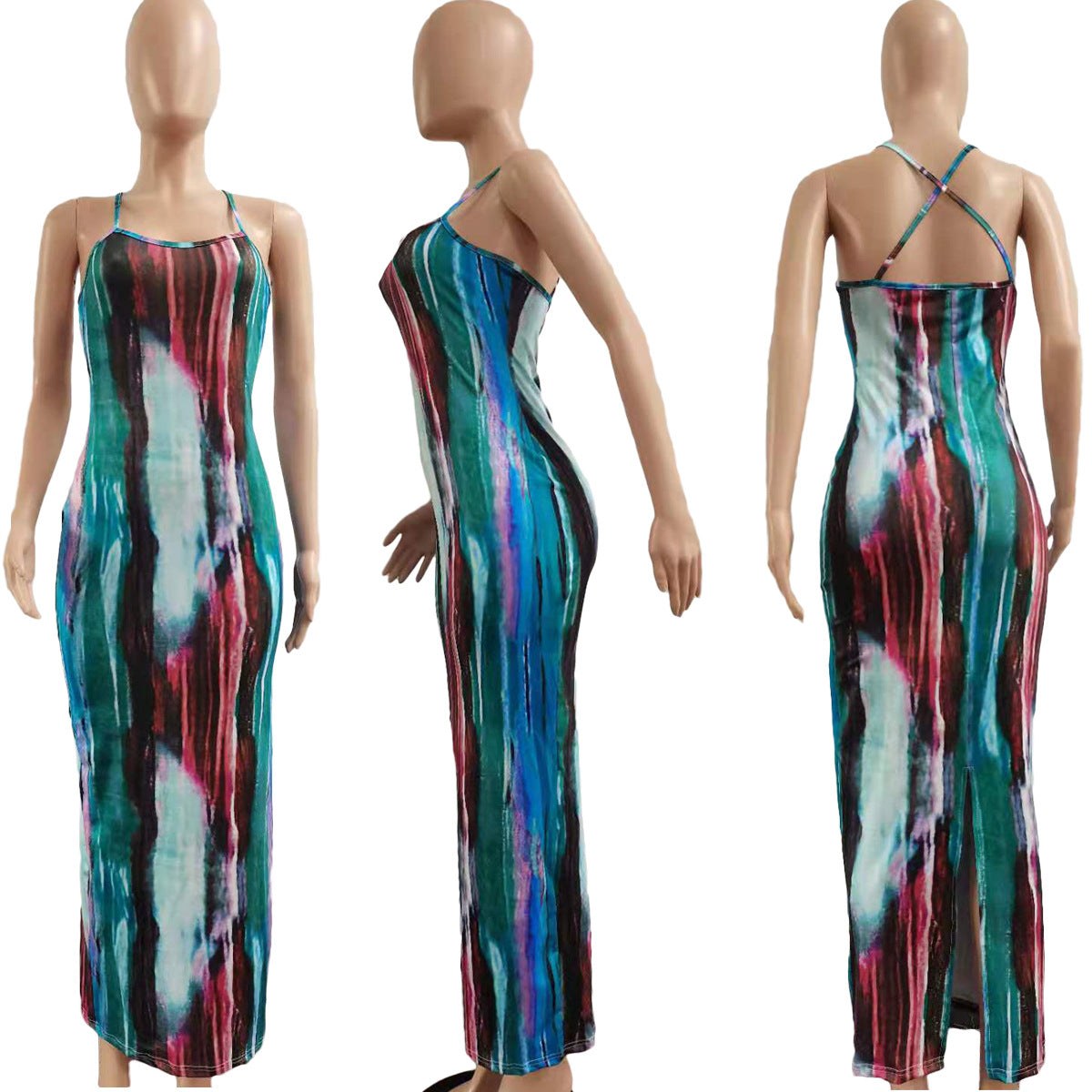 CM.YAYA Tie Dye Print Halter Open Back Maxi Dress Women Bodycon Sleeveless Splited Back Pencil Midi Long Dresses Summer 2021