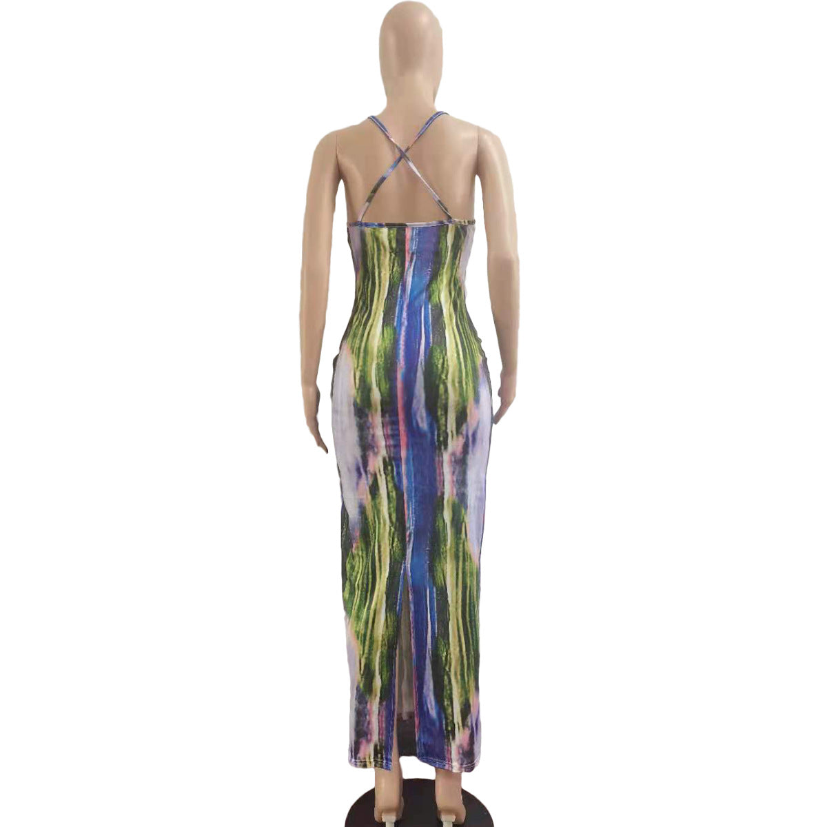 CM.YAYA Tie Dye Print Halter Open Back Maxi Dress Women Bodycon Sleeveless Splited Back Pencil Midi Long Dresses Summer 2021