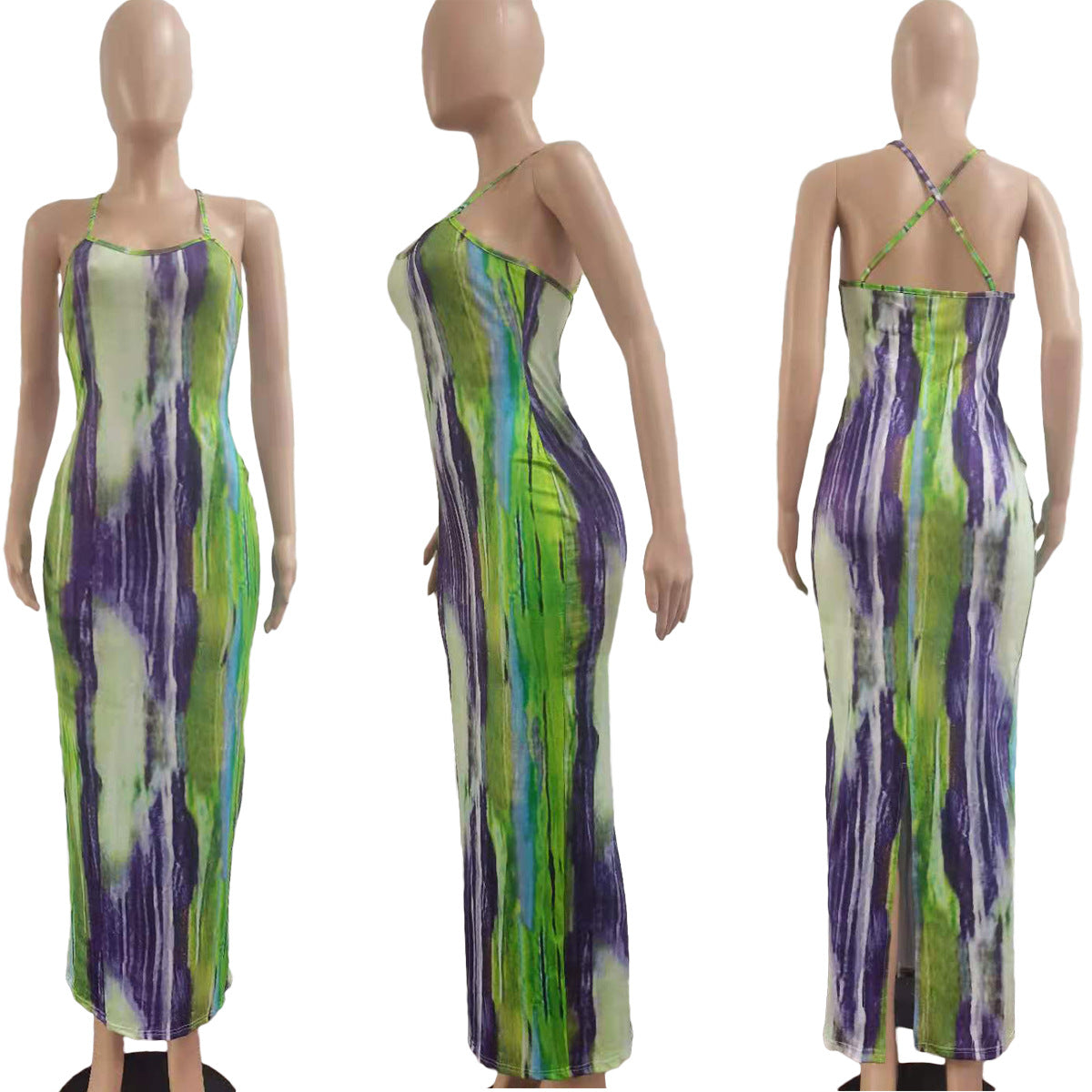 CM.YAYA Tie Dye Print Halter Open Back Maxi Dress Women Bodycon Sleeveless Splited Back Pencil Midi Long Dresses Summer 2021
