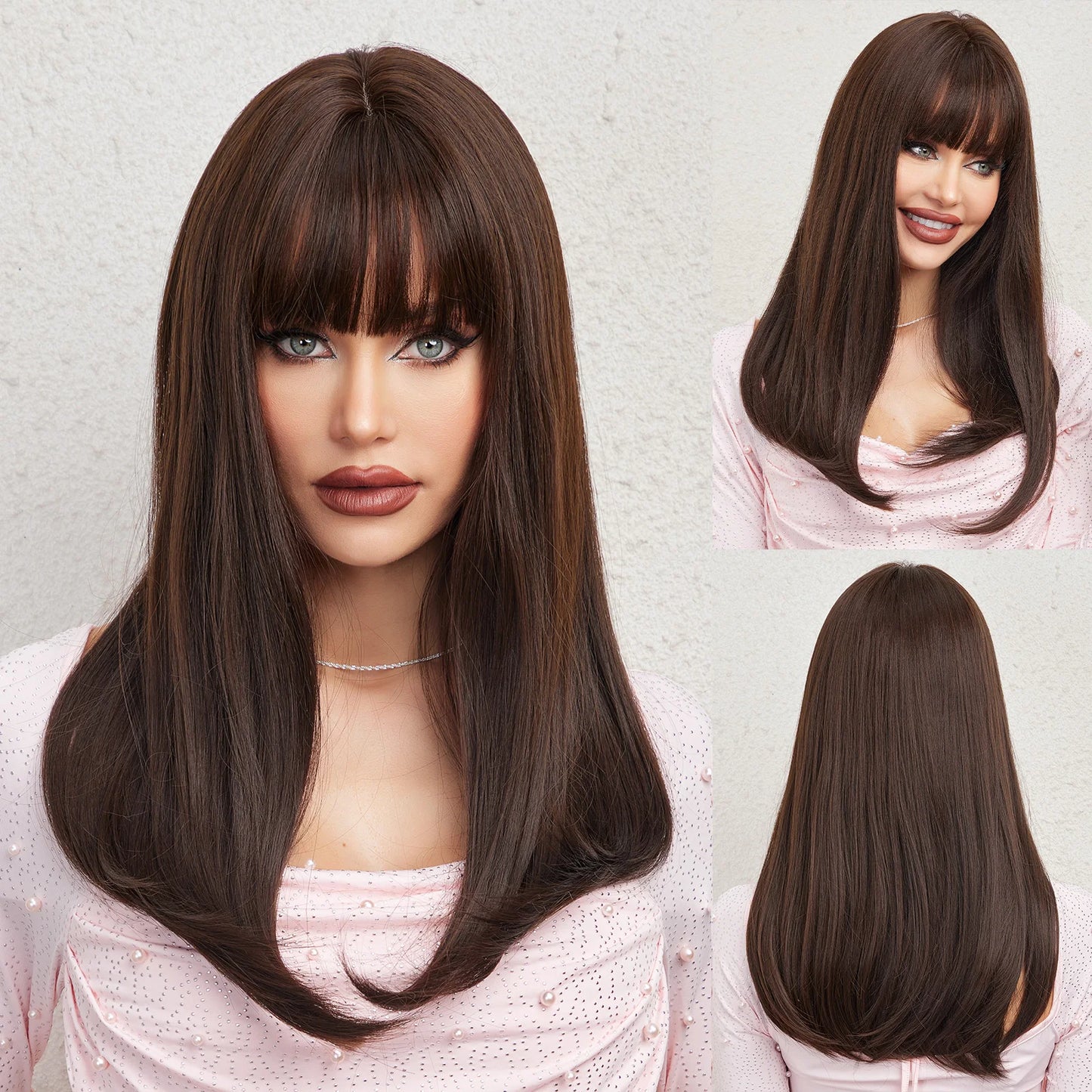 Light Brown Synthetic Wigs with Bangs Straight Shoulder Length Chocolate Brown Wig for Black White Women Heat Resistant Daily