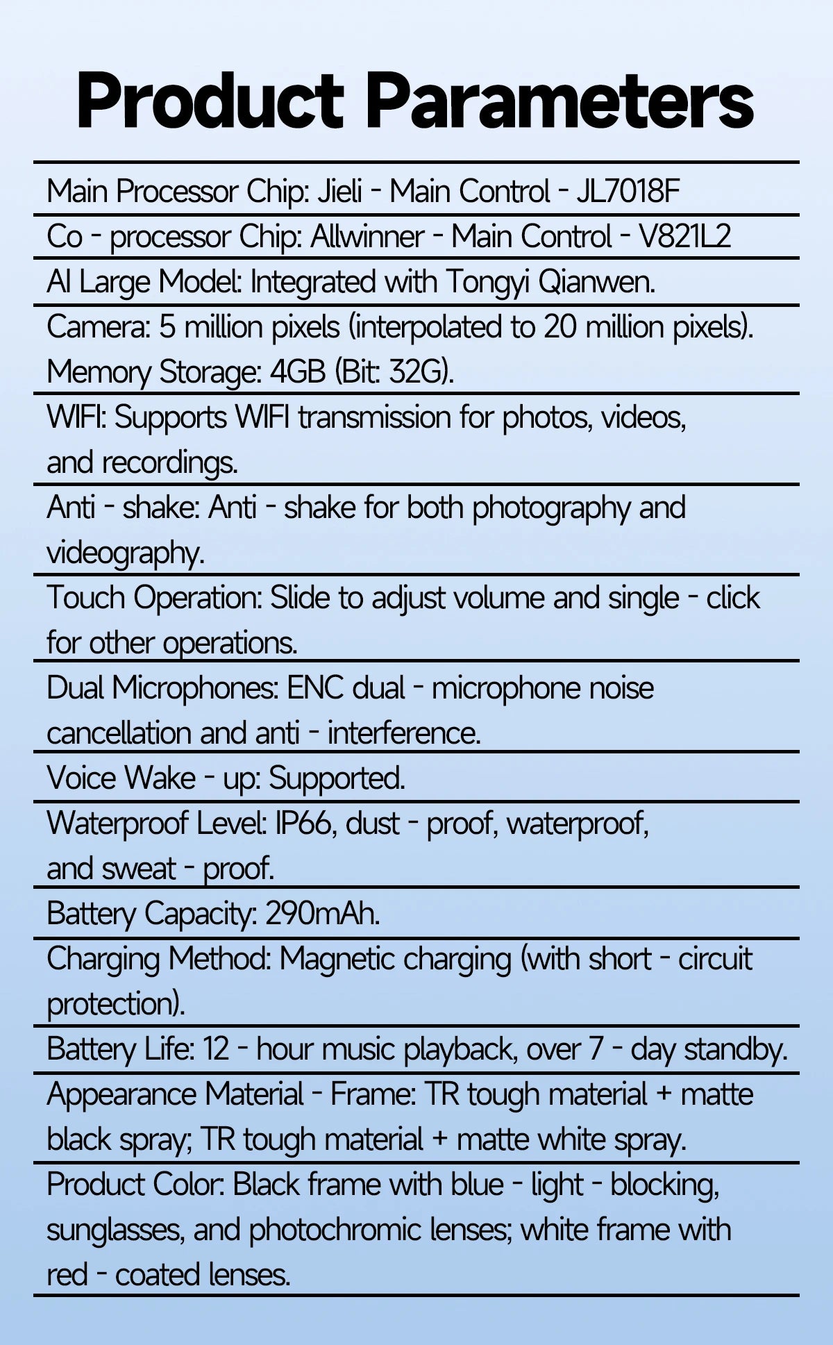 AI Smart Glasses 5 Million Pixels Recording Videos Photo Recognition Answer Translation 290mAh IP66 Waterproof Bluetooth Glasses