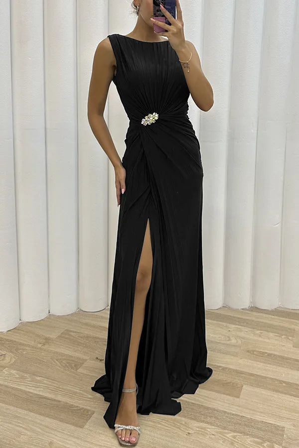 Women Sexy Dress New Sleeveless Solid Party Slim Empire Split Female Elegant Round Neck Fashion Long Clothing